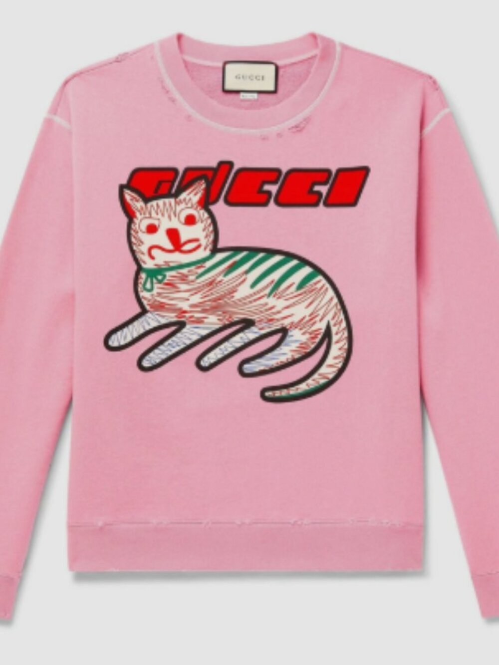Gucci Pink Cat & Logo Print Distressed Cotton Sweatshirt, Size S